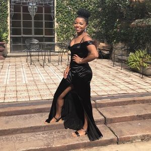 Formal Invitation Black Satin Off-the-Shoulder Maxi Dress